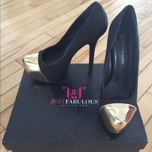 High heeled platforms, black and gold, size 7.